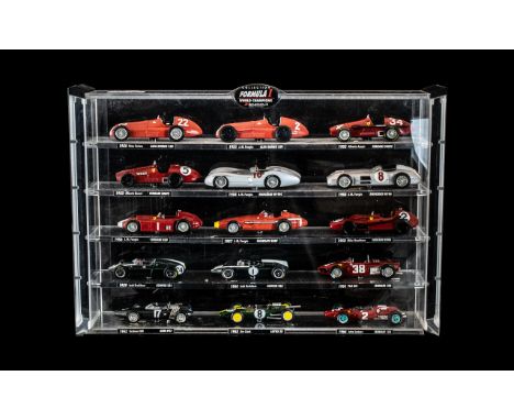 F1 Interest - Collection of Formula 1 Racing Cars in Display Case, 15 F1 cars including 1950 Alfa Romeo (Nino Farina), 1951 A