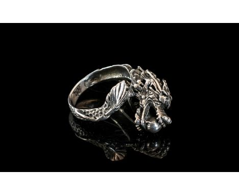 Solid Silver Chinese Dragon Ring. Ring of Large Size, Well Detailed Ring with The Design of The Dragon Which Goes All the Way