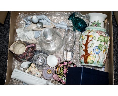 Box of Assorted Porcelain &amp; Glass, including a glass decanter with round stopper, perfume bottle, glass pot with stopper,