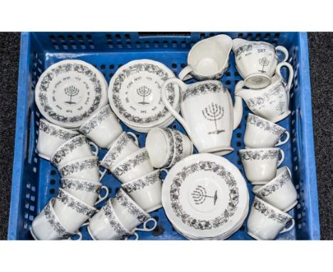 Royal Cauldon Passover Ware. c.1950's. Black Litho ( 38 ) Piece Tea Set. Comprises 16 Cups &amp; Saucers, 16 Side / Soup Plat