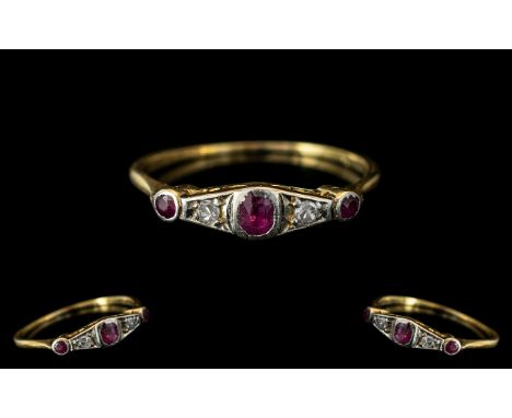 Art Deco Period 18ct Gold Platinum Petite - Ruby and Diamond Set Dress Ring. Not Marked Tests 18ct. Ring Size M. 