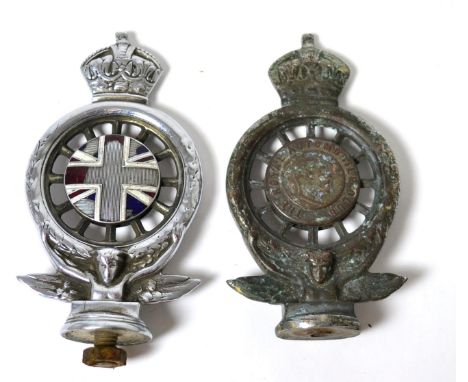 Two early nickel plated and enamel RAC badges, no DC414 and no. DD140