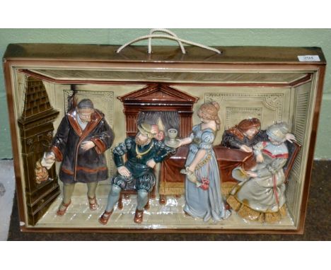 A Sachsische Ofen-Und Chamotte Waren-Fabrik tile plaque, late 19th century, modelled as a Renaissance interior with a figure 