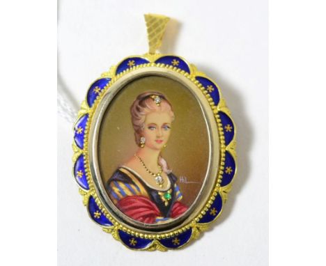 A stone set miniature brooch/pendant, the portrait of a lady inset with diamonds and an emerald, in a blue enamelled frame, m