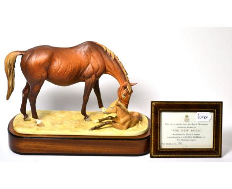 Royal Worcester New Born, model No. RW3957 by Doris Lindner, limited edition 96/500, on wooden plinth, with box and certifica