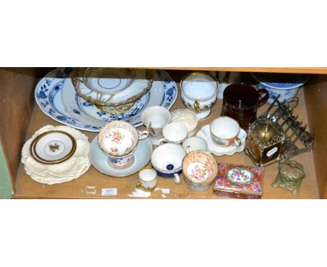 A Meissen Onion pattern charger and a large quantity of 19th century ceramics, silver plated tennis racket toast rack, Queen 