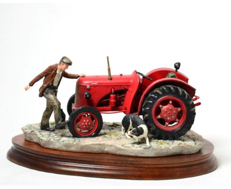 Border Fine Arts 'Kick Start' (David Brown Cropmaster Tractor, Farmer and Collie), model No. B0541 by Ray Ayres, on wood base