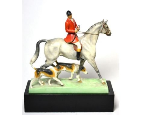 Royal Worcester 'Huntsman and Hounds', model No. RW3115 by Doris Lindner, black backstamp, on black plinth (a.f.)Extensive da