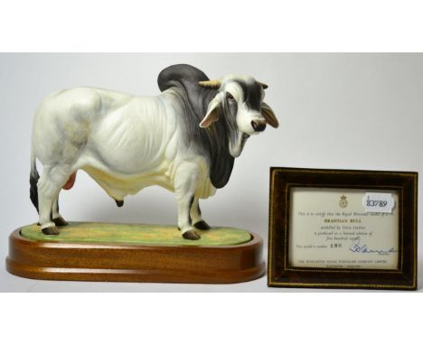 Royal Worcester Brahman Bull ''J.D.H. De Ellary Manso'', model No. RW3821 by Doris Lindner, limited edition 180/500, on woode