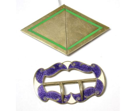 A silver and green enamel buckle by A.L. Davenport Ltd and a silver purple and white enamel buckle (2)
