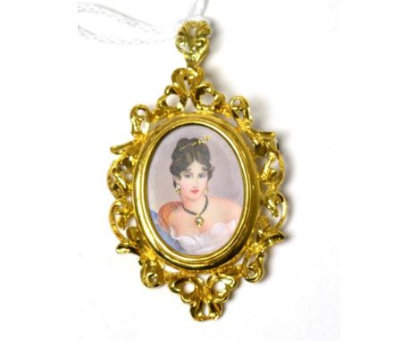 A stone set miniature pendant, the portrait of a lady inset with diamonds, measures 3.5cm by 5.9cm Brooch pin missing. Stampe