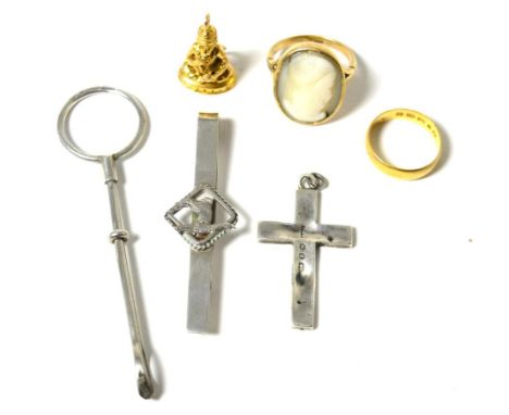 A 22ct gold wedding band, a 9ct gold cameo ring, a yellow metal monkey god charm and three silver items 