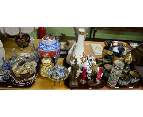 A quantity of Doulton ceramics, two Nao figures, blue and white jar and cover, Wanjiany Japanese figure (on three trays)