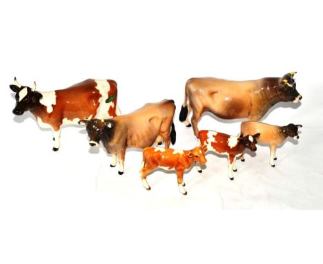 Beswick Cattle Comprising: Ayrshire Cow CH. ''Ickham Bessie'', model No. 1350 and Ayrshire Calf, model No. 1249B, both brown 