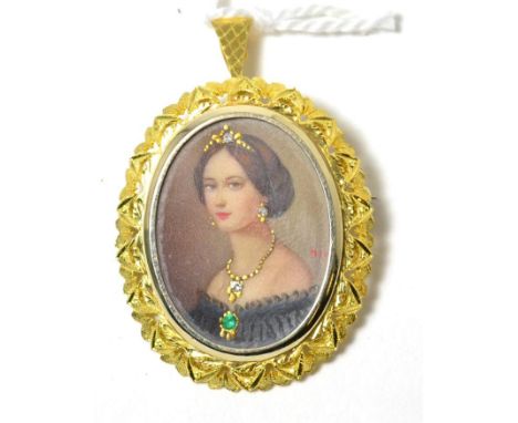 A stone set miniature brooch/pendant, the portrait of a lady inset with diamonds and an emerald, measures 3.4cm by 5cm Good c