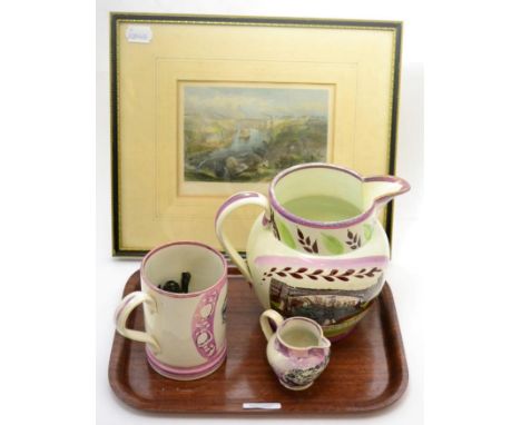 A Victorian Sunderland lustre jug, together with a smaller example, a Sunderland Lustre frog mug and a coloured engraving of 