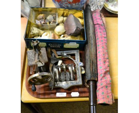 A silver photograph frame, parasol, Chinese silk scroll, fossils, corkscrew lund lever, etc 