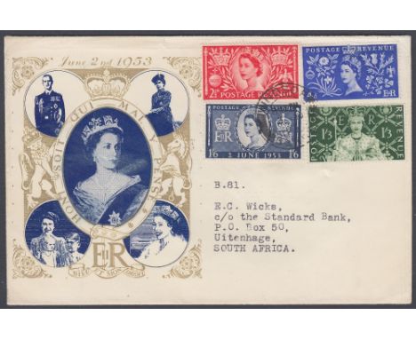 STAMPS FIRST DAY COVERS 1953 Coronation full set on typed addressed illustrated cover to South Africa, cancelled by central W