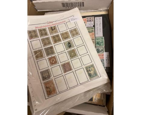 STAMPS WORLD, box with various mint &amp; used on album pages, stock cards, in packets etc with much U/M. With Austria, Italy