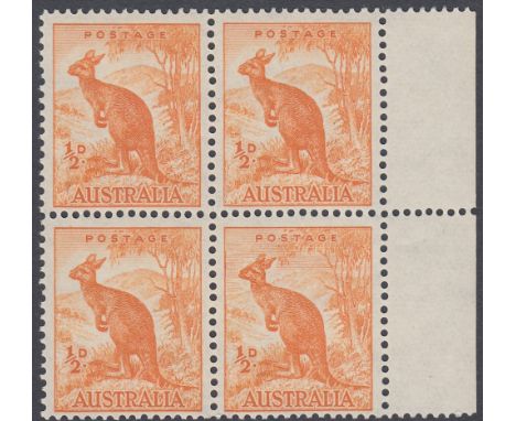 STAMPS AUSTRALIA 1948-56 1/2d orange. no wmk, U/M block of four with"sky retouch", SG 228cb. Cat £350