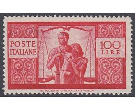 STAMPS ITALY 1946 100 Lire 'Work, Justice &amp; Family', fine U/M, SG 669. Cat £550