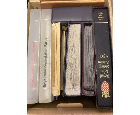 GREAT BRITAIN STAMPS : Box with various albums, stockbooks, cover albums etc. QV used to QEII U/M commems etc. Lots to sort a