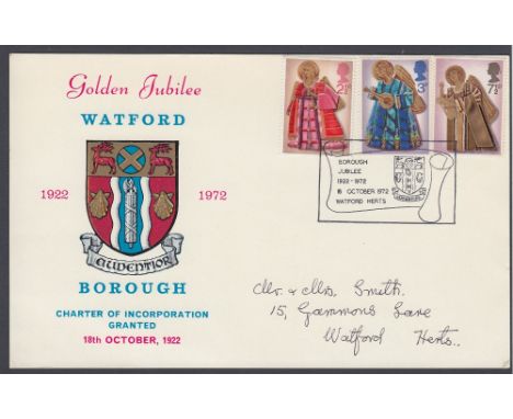 STAMPS FIRST DAY COVERS 1972 Christmas set on Official Watford card cancelled by Watford Borough handstamp.