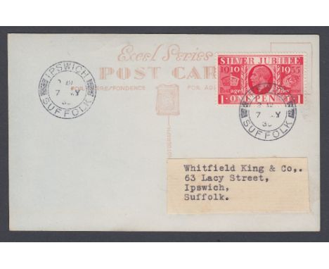 STAMPS FIRST DAY COVERS 1935 Silver Jubilee 1d value on Royalty illustrated postcard, cancelled by by Ipswich Suffolk CDS dat
