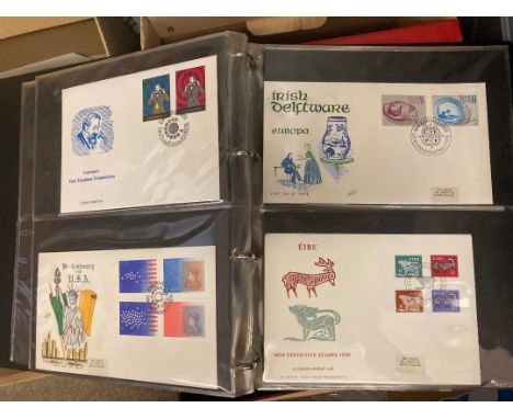 STAMPS : Box of various albums of first day covers and commemorative covers, including French small silk covers, Channel Isla