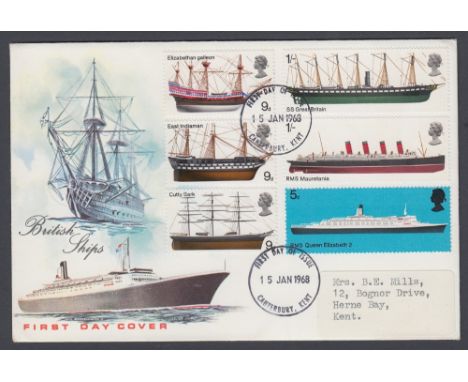 STAMPS FIRST DAY COVERS 1969 Ships set on illustrated cover, cancelled by Canterbury FDI, however dated 15th Jan 1968 instead