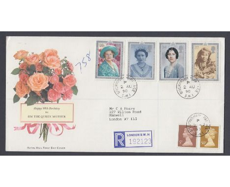 STAMPS FIRST DAY COVERS 1990 Queen Mother set on Royal Mail cover, typed addressed, cancelled by Buckingham Palace CDS 2nd Au