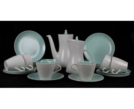 A vintage Poole Pottery twin tone tea service designed by Guy Sydenham and Alfred Read, 1950's, seagull grey mottled exterior