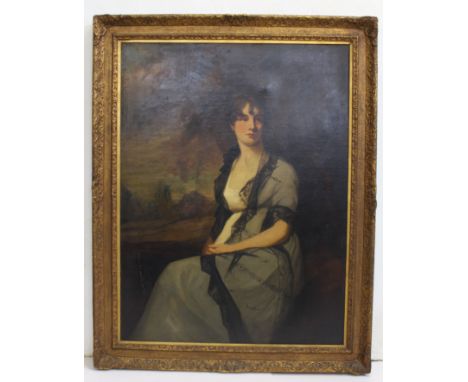 Isabella Ross after Sir Henry MD Raeburn - Portrait of a seated lady in grey lace trimmed gown, the background of an extensiv