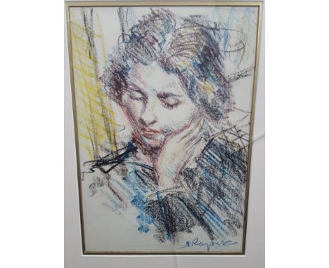 Henry Rayner (1885 - 1930) Garnet, portrait of a young lady, coloured pastels on paper, signed, titled verso bears label of F