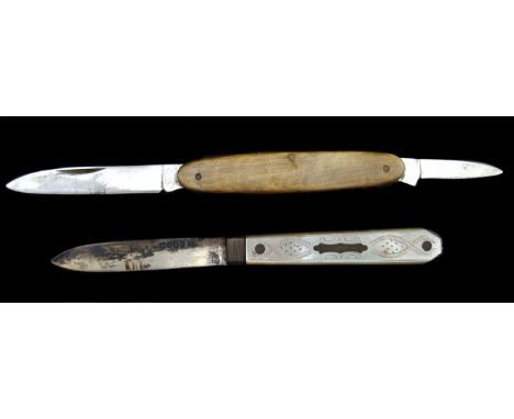 A mother of pearl and silver bladed fruit/pen knife, Birmingham 1897, makers mark F.C probably mark of Francis Clark; and a t