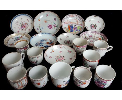 Twenty Chinese export porcelain cups; and saucers, mostly decorated in famille rose colours (20)