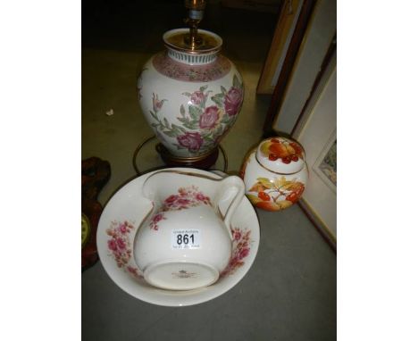 A Chinese style lamp, a jug and basin set and a ginger jar. COLLECT ONLY.