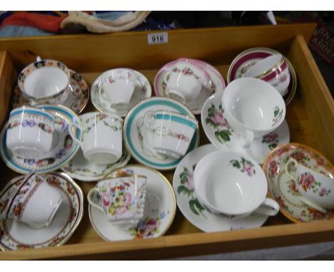 Twelve vintage tea cups and saucers. COLLECT ONLY.Blue Stripe cup & Pink stripe cup both cracked, other items look in good co