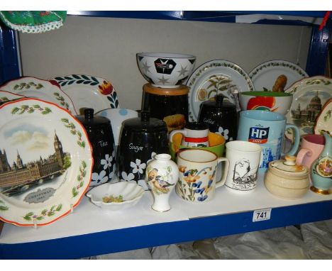 A shelf of assorted ceramics including Wedgwood Christmas plates. COLLECT ONLY.