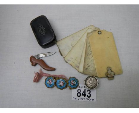 A collection of late Victorian items including Shoe shaped penknife, snuff box, enamel buttons, silver brooch etc.,