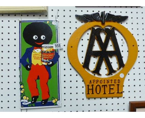 CAST METAL SIGN. Reproduction cast metal AA hotel sign and Robertsons Golly marmalade enamel sign