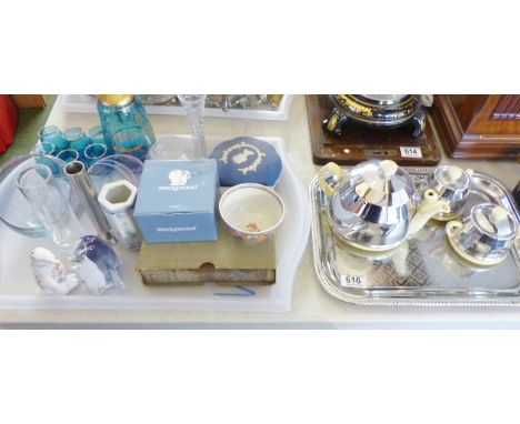 MIXED GLASS &amp; CERAMICS. Tray of mixed glass and ceramics including Caithness and a 1930s Heatmaster tea service