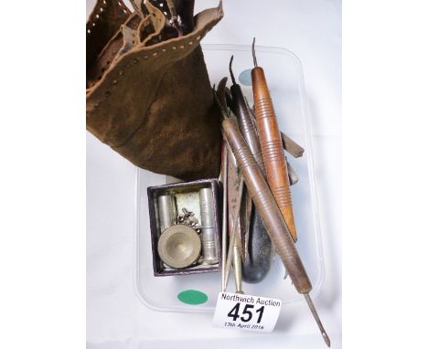 ANTIQUE LEATHER WORKING TOOLS. Box of antique leather workers tools