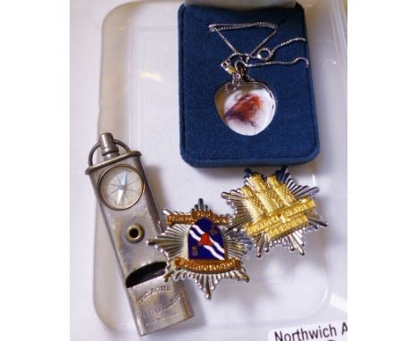FIRE SERVICE BADGES. Oxfordshire and Suffolk Fire Services badges and an Acme Girl Guides compass whistle