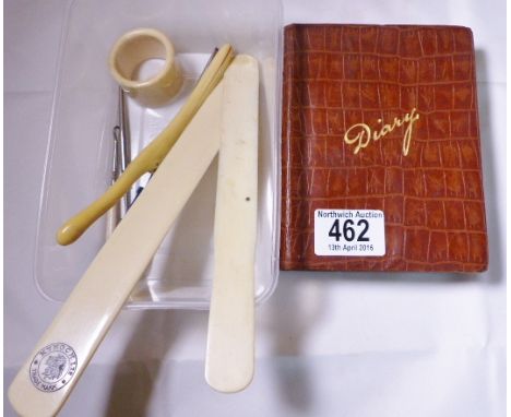 MIXED COLLECTABLES. Collectable items including leather bound diary, two paper knives, glove stretchers, napkin ring and butt