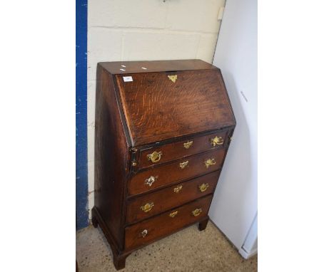 Small Georgian oak bureau with full front, fitted interior, three drawers and bracket feet