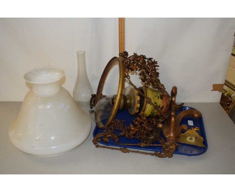 A hanging centre ceiling oil lamp together with a  small wall bracket etc