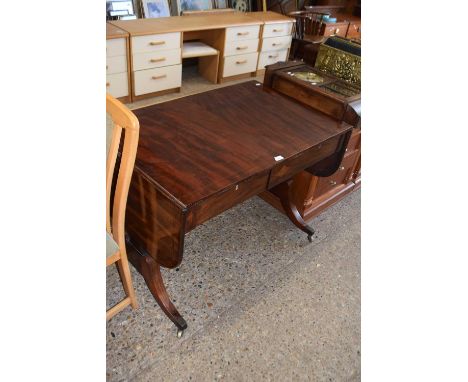 19th Century mahogany and brass inlaid sofa table, central turned stretcher and outswept legs