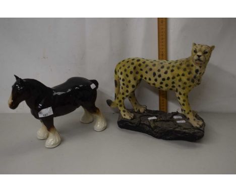 Porcelain model shire horse together with a further model o a cheetah