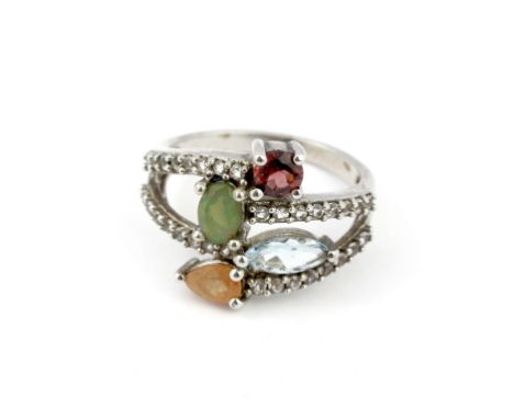 A 925 silver ring set with aquamarine, opal and tourmaline, (P.5).